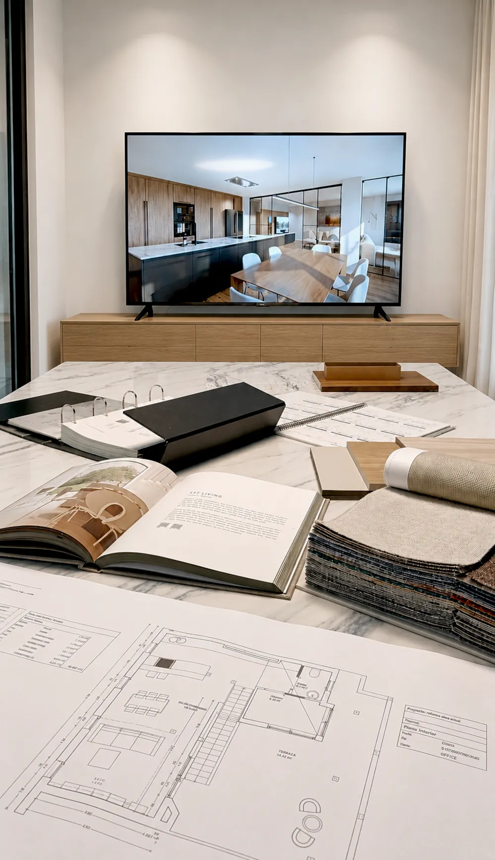 Mesa de trabajo con planos, materiales, muestras y visualización de proyecto de interiorismo