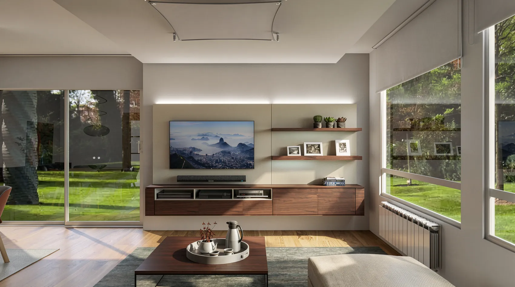 Visualización de salón en vivienda completa con mobiliario a medida y luz natural