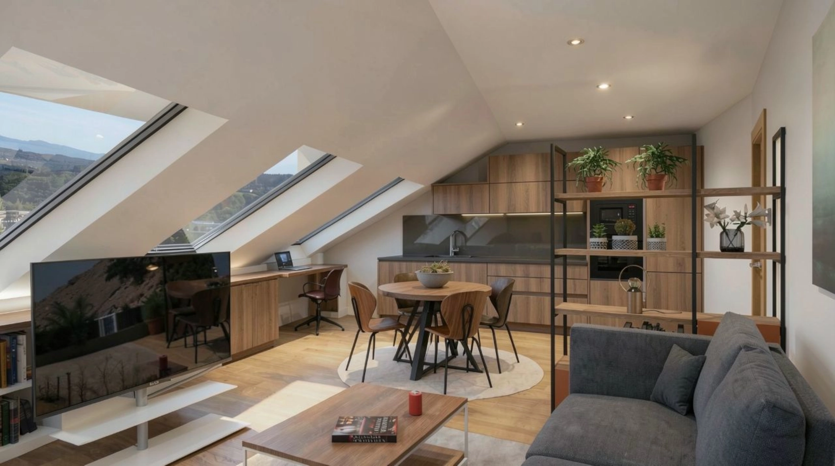 Visualización de vivienda completa en buhardilla con cocina integrada, comedor y zona de estar