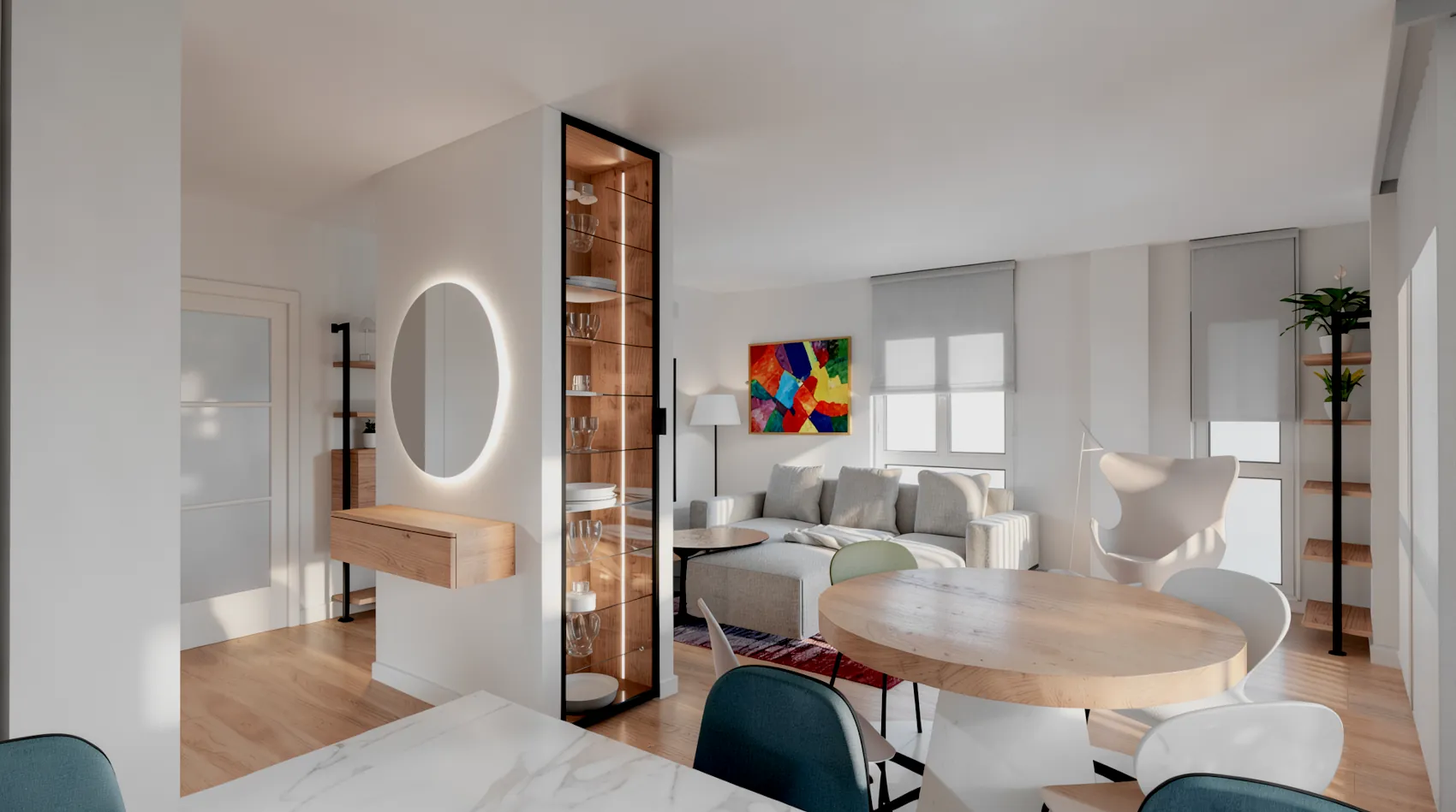 Visualización de pilar con espejo iluminado, vitrina y relación con salón y comedor