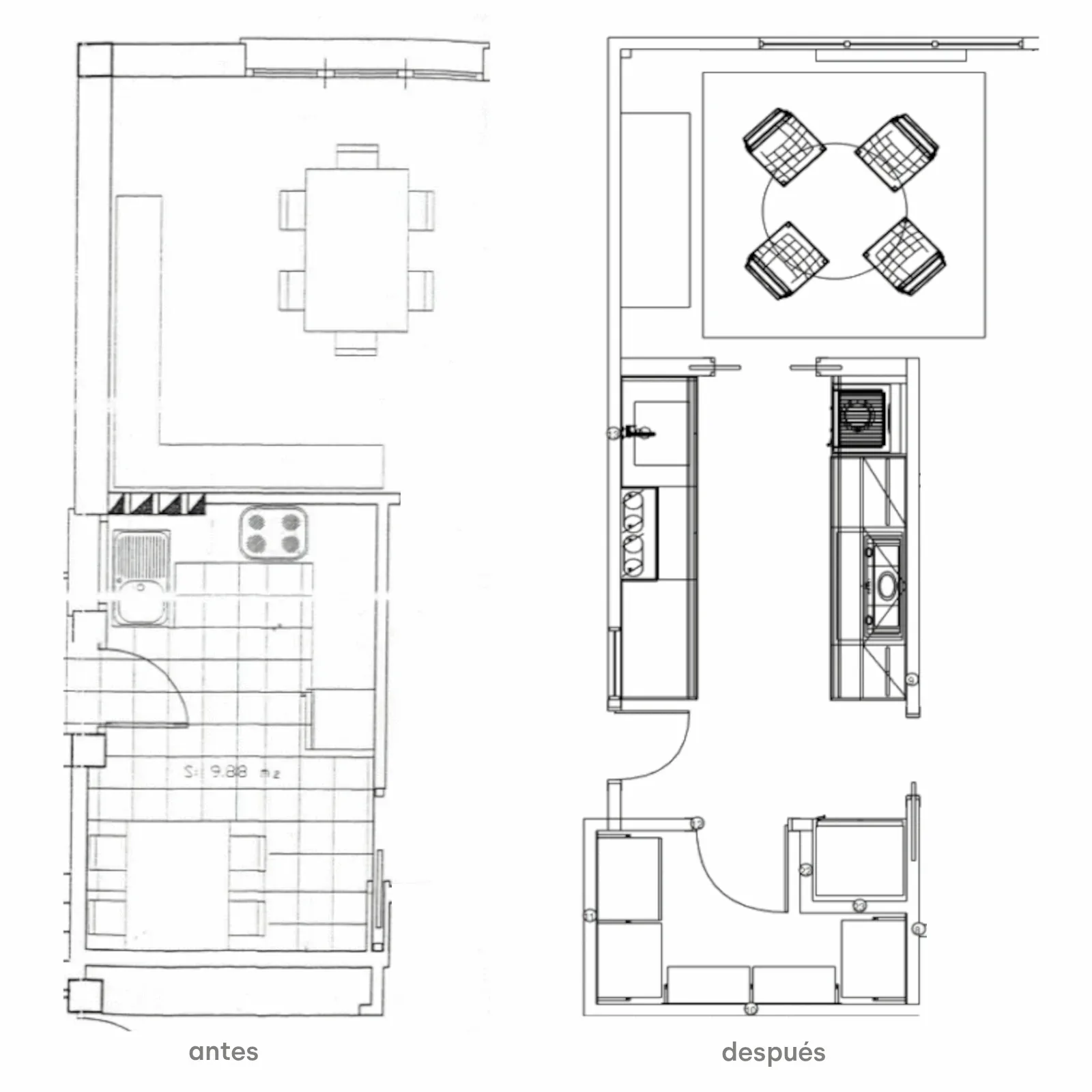 Plano antes y después de reforma de cocina con nueva relación entre cocina, comedor y despensa.