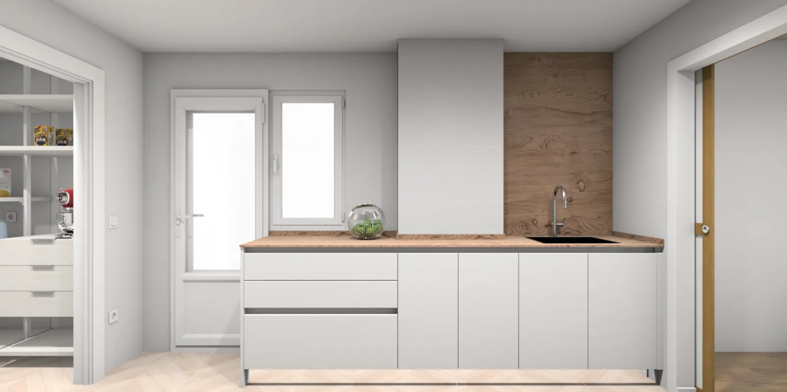 Visualización de cocina reformada con mobiliario blanco, encimera de madera y zona de aguas.
