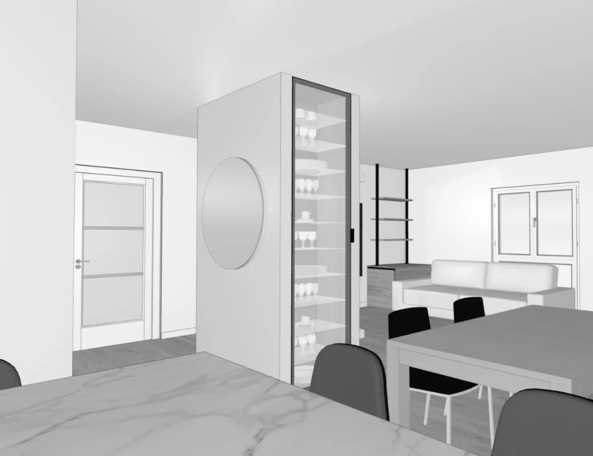 Visualización en blanco y negro del pilar entre entrada, comedor y salón dentro de una zona de día.