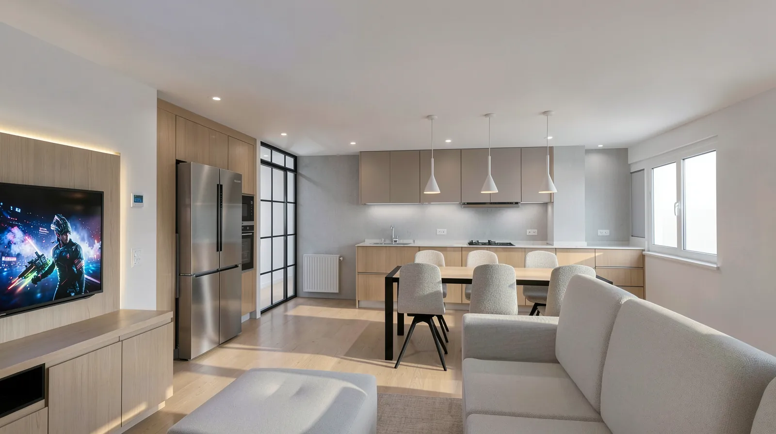 Visualización de salón comedor y cocina integrada antes de su materialización
