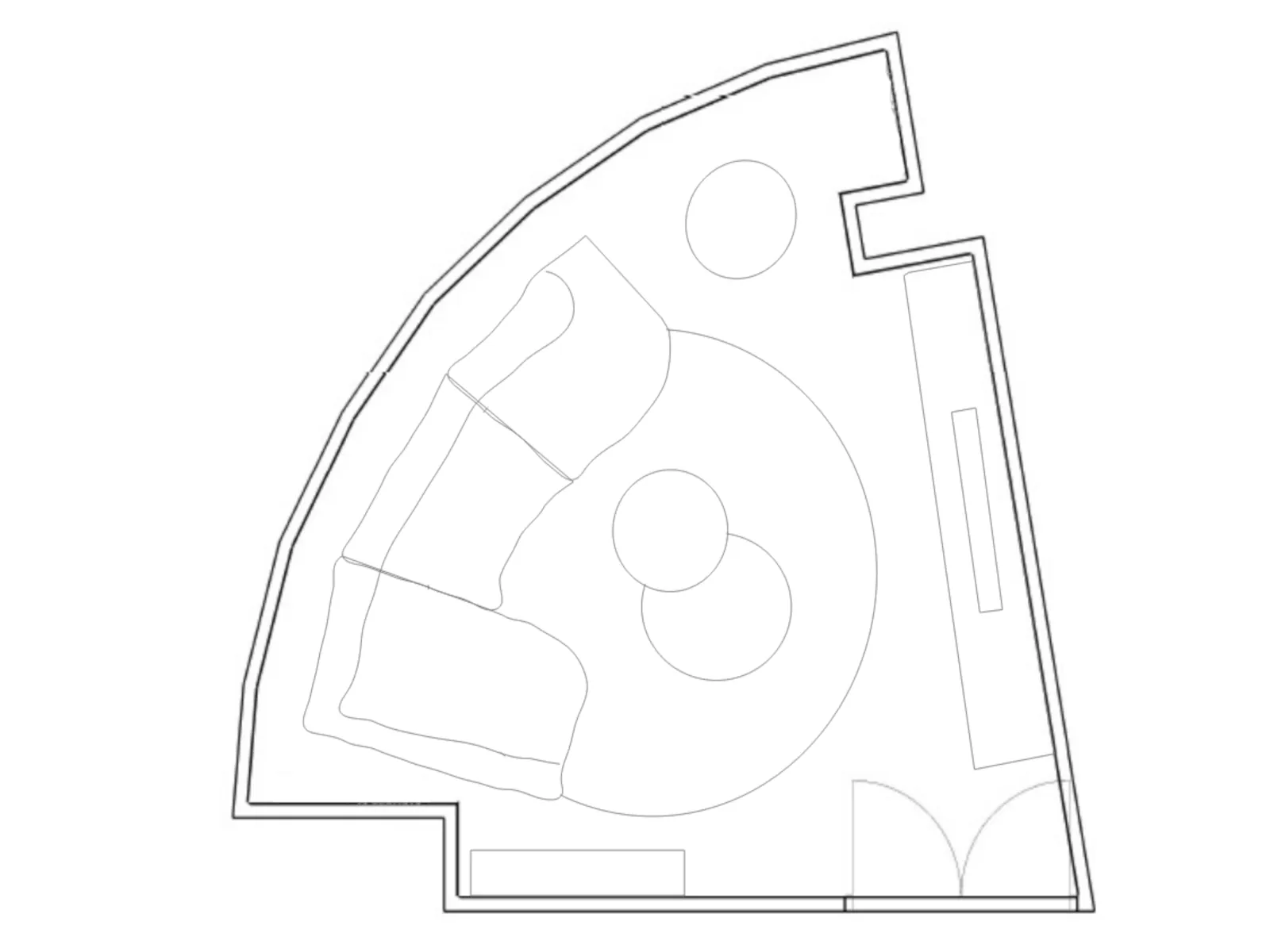 Esquema en planta de sofá adaptado a una zona de estar con geometría curva.